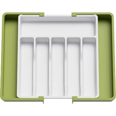 LunaLulinlk Silverware Drawer Organizer Expandable Utensil Tray Adjustable Flatware, Plastic, Green&White