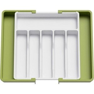 LunaLulinlk Silverware Drawer Organizer Expandable Utensil Tray Adjustable Flatware, Plastic, Green&White - 1 of 4