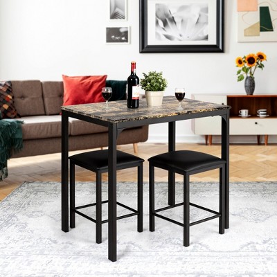 Costway 3-Piece Dark Faux Marble Pub Table Set with Black Chairs
