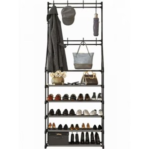 SEVOBAL 3-IN-1 16 Pairs 5-Tier Shoe Rack Shoe Storage Shoe Orgonization for Entryway, Narrow Shoe Rack, Coat Racks with 8 Hooks, Black, 43"*28"*8.5" - 1 of 4