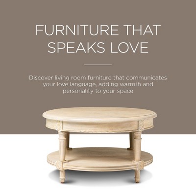 Antiqued White Round Wooden Coffee Table with Shelf Storage