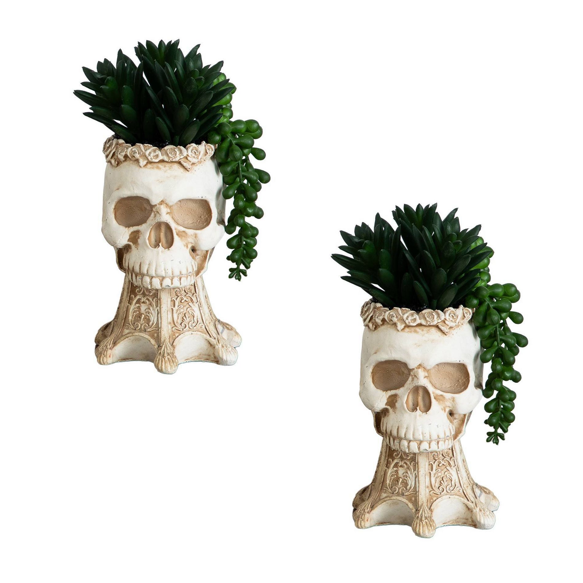 Nearly Natural (Set of 2) 7" Artificial Halloween Succulent Garden in Skull Planter