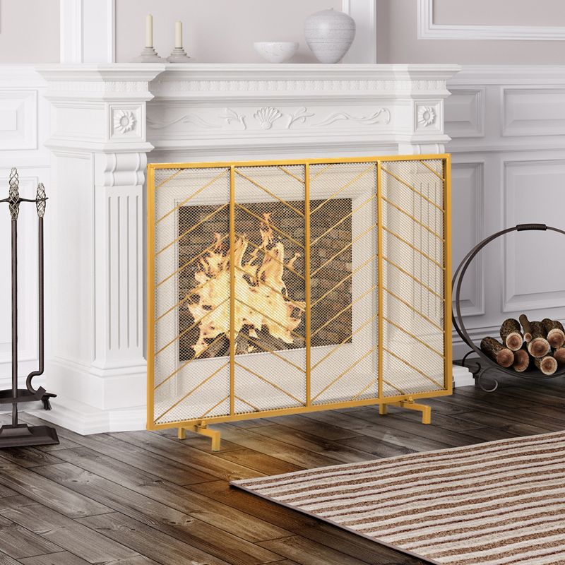 Costway 39''x31'' Single Panel Fireplace Screen Spark Guard Fence Chevron Gold Finish, 4 of 11