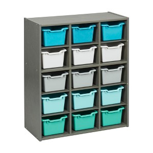 ECR4Kids Streamline 15 Cubby Tray Cabinet with 15 Scoop Front Storage Bins, 5x3, Grey Wash - 1 of 4