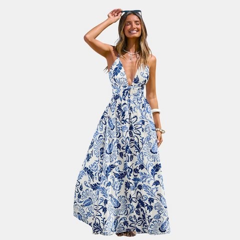Женские платья Cupshe Women's Elegant Floral Print Maxi Beach Dress-M-Blue