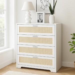 4 Drawer Rattan Dresser, Dresser with Power Outlets, Wood Dresser Chest of Drawers with Metal Handles for Living Room Closet Hallway Entryway - 1 of 1