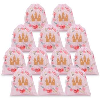 Blue Panda 12 Pack Pink Drawstring Party Favor Bags for Princess Birthday Party, Castle and Rose Print (10 x 12 In)