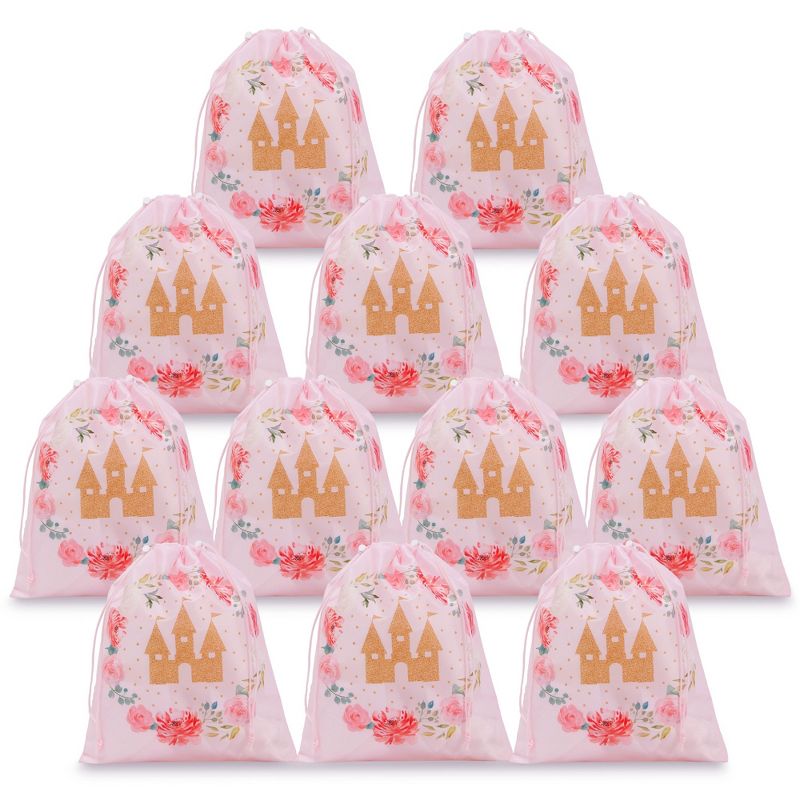 Blue Panda 12 Pack Pink Drawstring Party Favor Bags for Princess Birthday Party, Castle and Rose Print (10 x 12 In), 1 of 9
