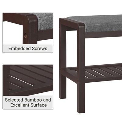 Brown Bamboo Shoe Bench with Gray Upholstered Seat and Storage Shelf