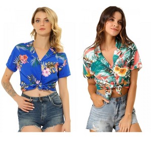 Allegra K Women's Hawaiian Floral Leaves Printed Short Sleeve Button Down Vintage Shirt 2 Pcs - 1 of 4