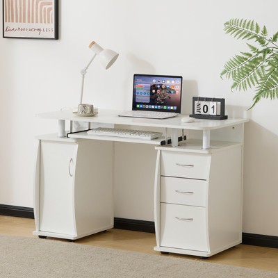 KTMBDW Computer Desk with 3 Drawers, 1 Door and 1 Storage Shelf, Wood Writing Home Office Workstation, Office Desk with Drawers