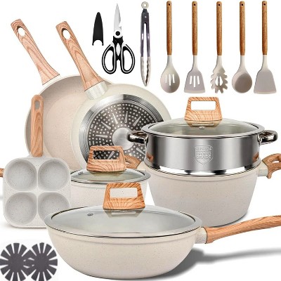 Musment Nonstick Pots and Pans Set, 19-Piece Induction Kitchen Cookware Sets (Beige Granite)