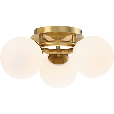 Possini Euro Design Modern Ceiling Light Flush Mount Fixture Brass 18 Wide  3-Light Frosted White Glass Globes Bedroom Living Room