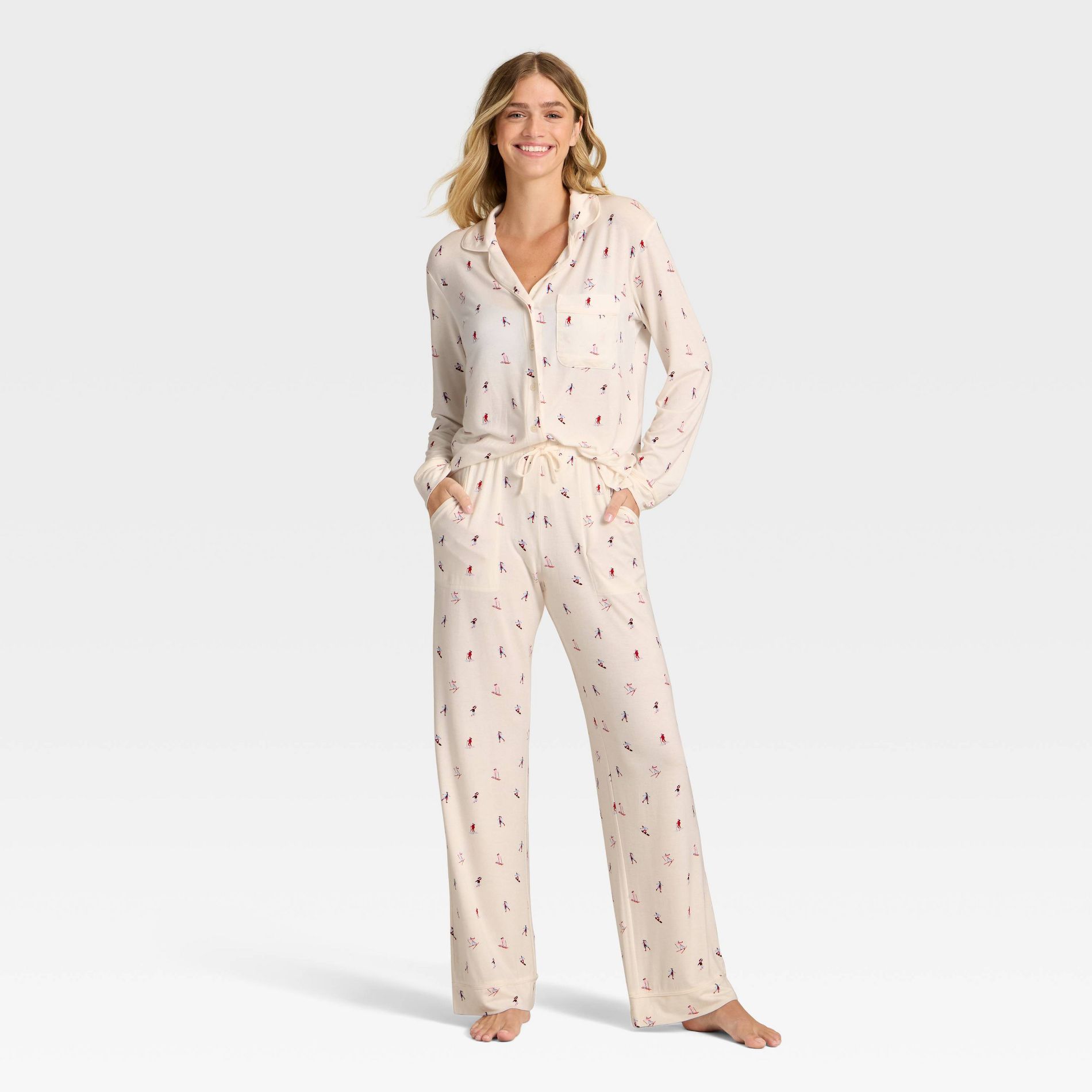 Women's Cloud Knit Modal Long Sleeve Notch Collar Top and Pants Pajama Set - Auden™
