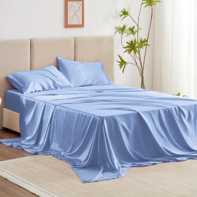 Hachikiko Satin 4 Piece Sheets Set,Luxury Silk Feel Bed Sheets with Deep Pocket (1 Flat Sheet, 1 Fitted Sheet, 2 Pillowcases),Queen