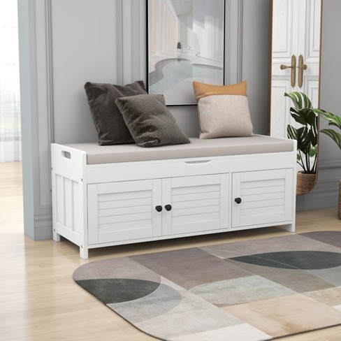 Storage Bench With 3 Shutter-shaped Doors, Removable Cushion And Hidden ...
