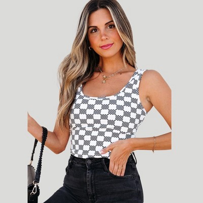 Amaryllis Women’s Scoop Neck Sleeveless Tank Checkered Print Stretchy Fitted Tank Top