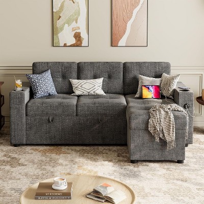 84" L Shaped Couches for Living Room, Convertible Sectional Sofa Bed With 2 Storage Arms and 2 Charging Ports, Side Pockets