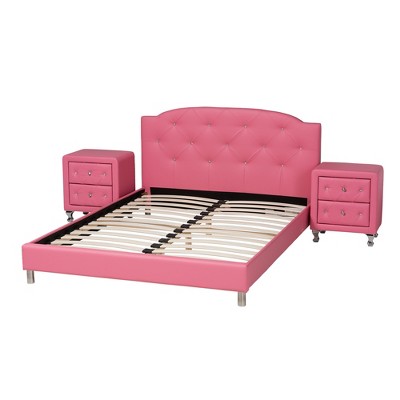 Pink Faux Leather Upholstered Full Size Bed with Nightstands