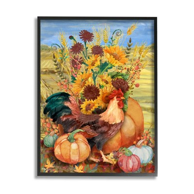 Stupell Industries Autumnal Rooster & Sunflowers Black Framed Giclee Art