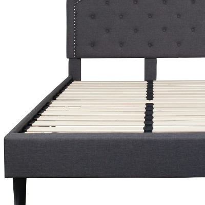 Transitional Full Platform Bed with Tufted Upholstery and Nailhead Trim in Dark Gray