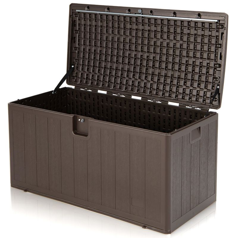 Costway 105 Gallon Outdoor Resin Deck Box All Weather Lockable Storage Container Brown, 1 of 11