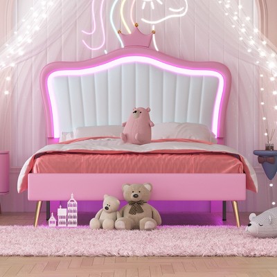 Queen/Full Size Upholstered Platform Bed Frame with LED Lights, Princess Bed with Crown Headboard-ModernLuxe