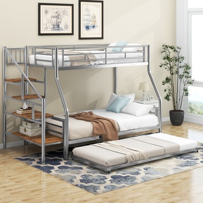 Twin over Full Size Metal Bunk Bed with Trundle and Storage Staircase - ModernLuxe