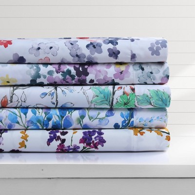 King Size White and Multicolor Floral Print Microfiber Sheet Set