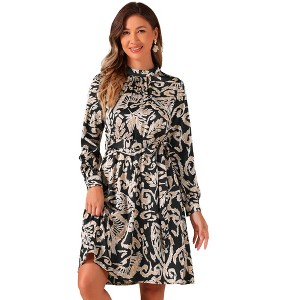 Allegra K Women's Mock Neck Swing Midi Long Sleeve A-line Floral Dress - 1 of 4