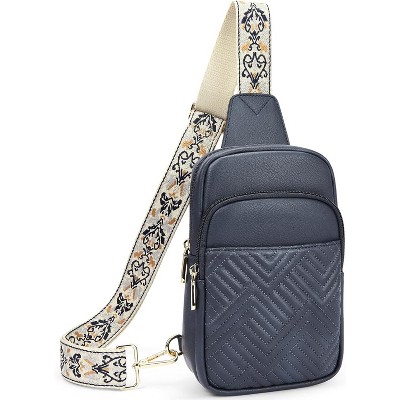 Sling Bag Quilted Crossbody Bags for Women Cross Body Purse Leather Fanny Pack with Adjustable Guitar Strap