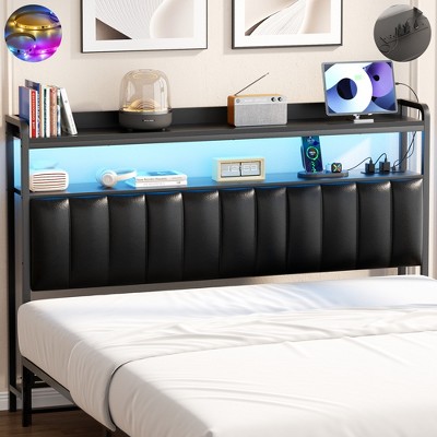 Aheaplus Upholstered Headboard with LED Light, Height Adjustable Headboards with Storage and Outlets