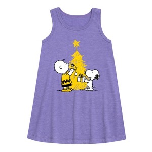 Girls' - Peanuts - Xmas Charlie And Snoopy Graphic Sleeveless Aline Dress - 1 of 4
