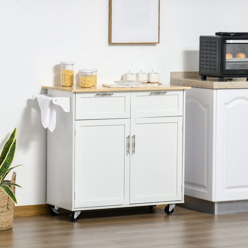 HOMCOM 41" Modern Rolling Kitchen Island on Wheels, Utility Cart Storage Trolley with Rubberwood Top & Drawers, 3 of 7
