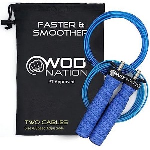 WOD Nation Attack Speed Adjustable Jumping Rope, Unique One Thick and One Light Jump Cable Skipping Workout System, 11 Foot, Blue - 1 of 4