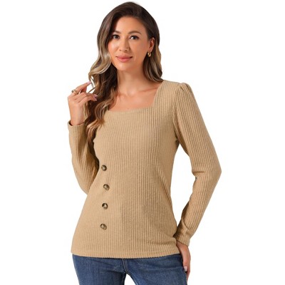 Allegra K Women's Casual Long Sleeve Button Decor Square Neck Sweater Top