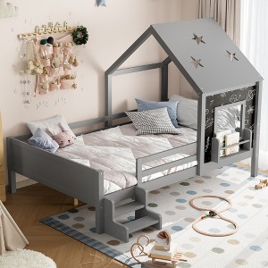 KWPZQEB House Shape Bed fot kids, Montessori Bed with Guardrails & Ladder, Solid Wood Bed-Frame with Bookcase & Blackboard, No Box Spring Needed - 1 of 4