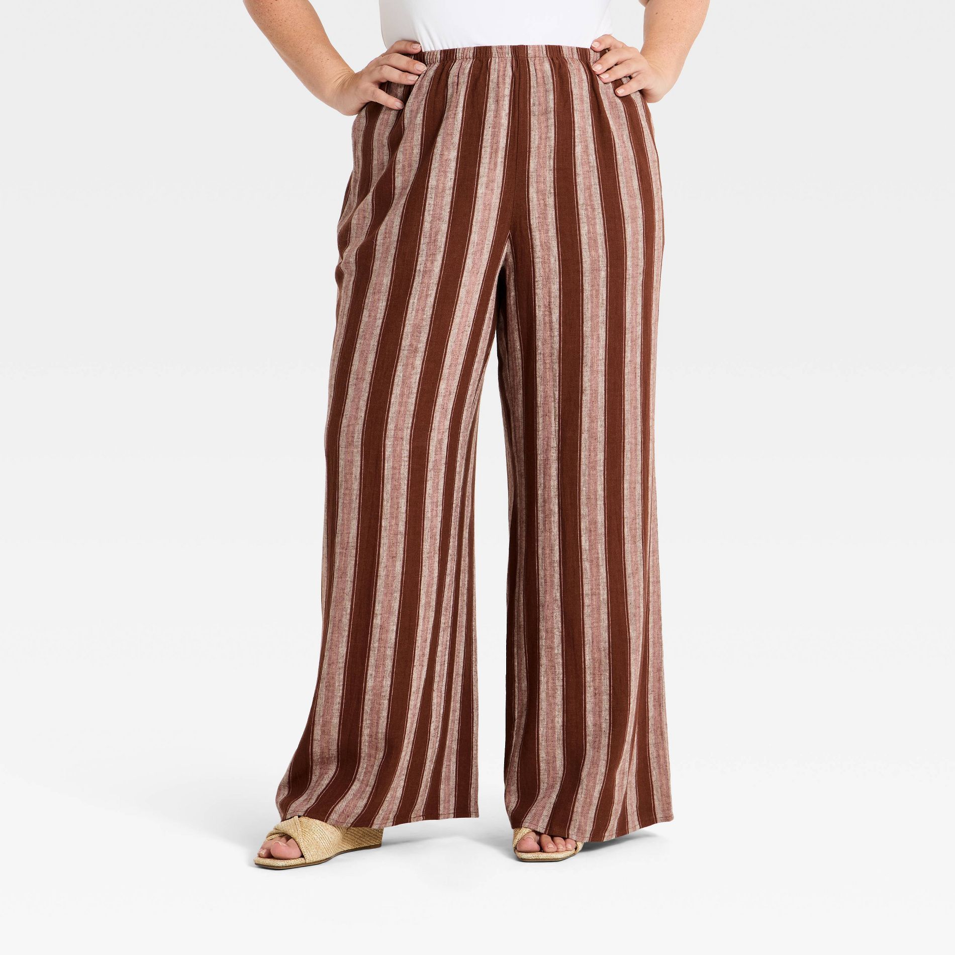 Women's Essential Linen Pull-On Pants - A New Day™ Brown Striped