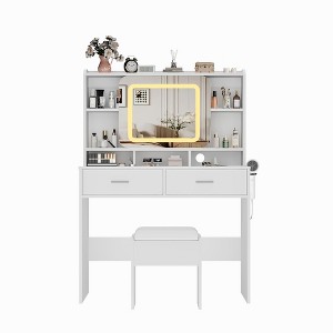 GustoWave Vanity Desk with Sliding Mirror, Makeup Desk and Stool with Lights in 3 Colors, Girls Vanity Table with Charging Station - 1 of 4