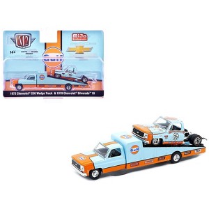 1973 Chevrolet C30 Wedge Truck & Silverado 10 Bedless Truck #15 Light Blue and Orange (Rusted) 1/64 Diecast Model by M2 Machines - 1 of 2