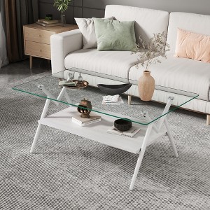 Tempered Glass Coffee Table Modern Cocktail Table Center Table Accent Table with Metal Legs-ModernLuxe - 1 of 4