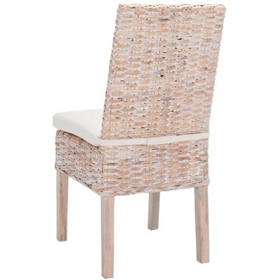 White Upholstered Rattan Side Chair with Natural Wood Legs