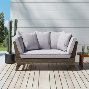TinyHomie Expandable Daybed, Outdoor Couch Acacia Wood Patio Couch with Adjustable Armrests, Removable Cushions and Pillows - 1 of 4