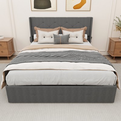 Grungis Full Bed Frame with LED,Upholstered Bed with 4 Under-bed Portable Storage Drawers,Platform Beds with Wings Headboard for Bedroom