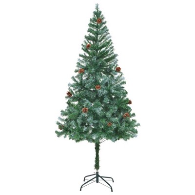 vidaXL Artificial Green Christmas Tree with Pinecones - 6ft Tall Holiday Decor with White Branch Tips, Easy Assembly