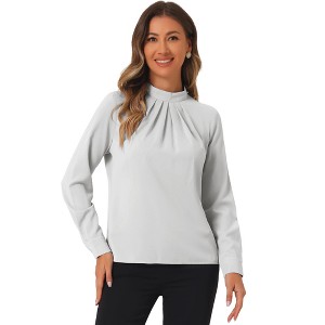 Allegra K Women's Business Casual Stand Collar Chiffon Long Sleeve Blouse - 1 of 4