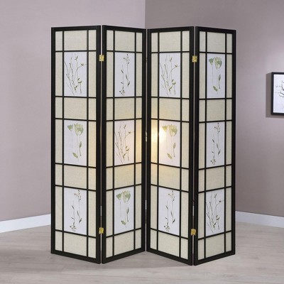 Vynxaria Floral and Black 4-Panel Folding Screen with Floral Motif