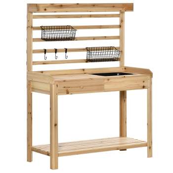 Outsunny Potting Bench Table, Garden Work Bench, Workstation with Metal Sieve Screen, Removable Sink, Additional Hooks and Baskets for Patio, Courtyards, Balcony