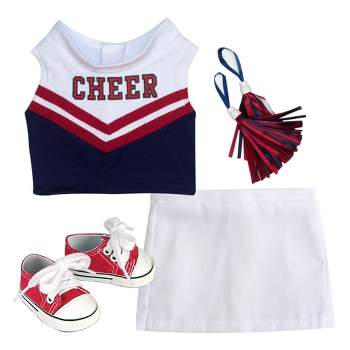 Sophia's Complete 4 Piece Cheerleading Uniform with CHEER Top and Skirt, Pom Poms and Tennis Shoes for 18" Dolls, White/Red