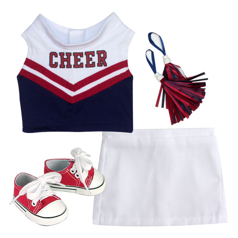 Sophia's Complete 4 Piece Cheerleading Uniform with CHEER Top and Skirt, Pom Poms and Tennis Shoes for 18" Dolls, White/Red, 1 of 6